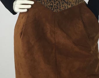 80s midi genuine leather skirt, 1980s leather skirt, brown leather skirt, vintage leather skirt, animal print detail leather