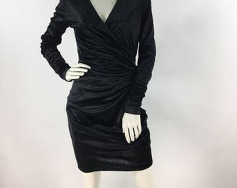 Vintage Le Chateau size small black crushed  velvet fitted rutched dress