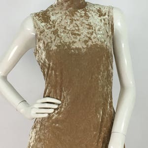 May include: A sleeveless, mock neck top made of crushed velvet in a light beige color.