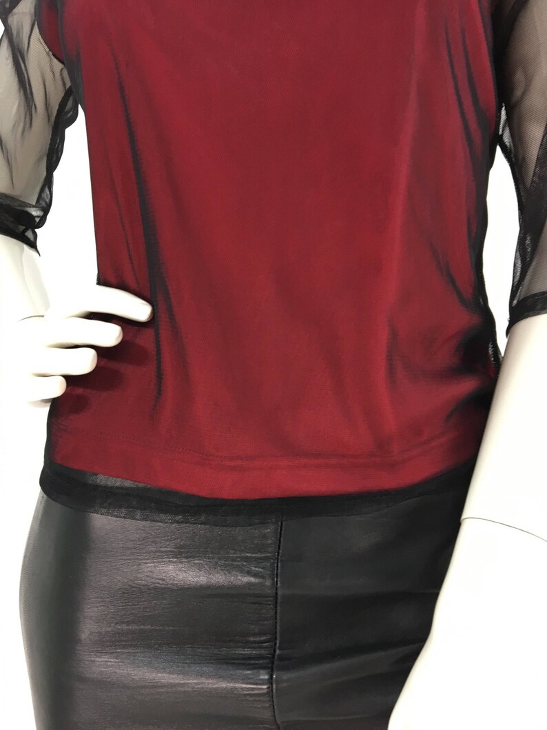 90s vintage sheer blouse/sheer mesh top/1990s black burgundy top image 5