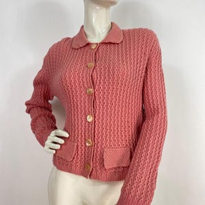 Hand knit cardigan sweater, pink vintage cardigan