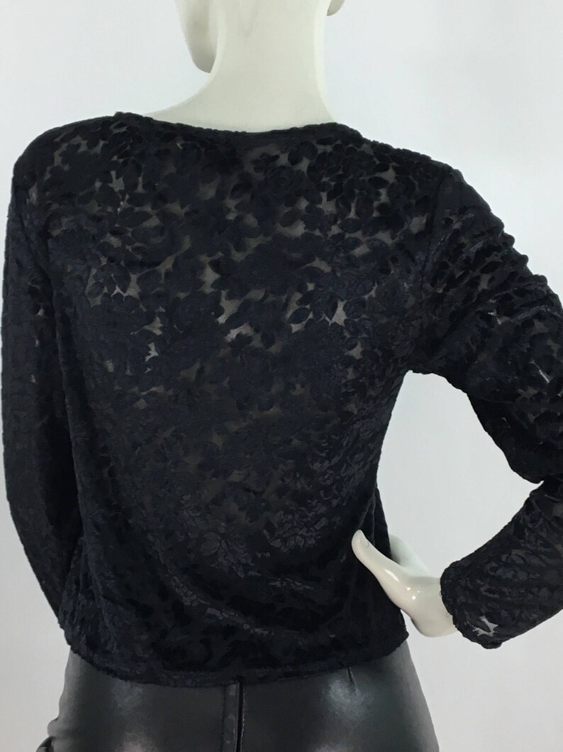 90s black blouse/1980s/1990s black sheer floral blouse/sheer floral top image 4