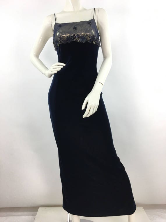 90s navy blue crushed velvet maxi, 1990s maxi