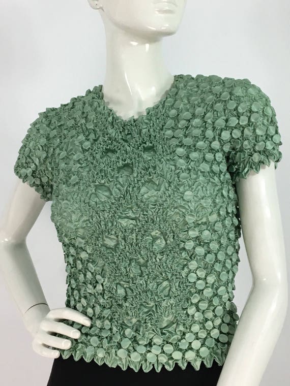 Vintage popcorn blouse/mint green bubble top/popc… - image 2