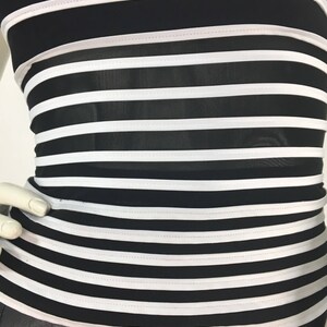 May include: Black and white striped top with a sheer mesh overlay. The top has a fitted silhouette and a cropped length.