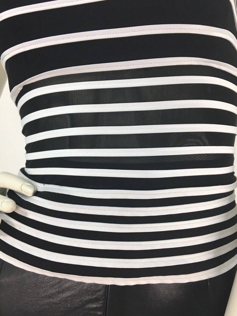 May include: Black and white striped top with a sheer mesh overlay. The top has a fitted silhouette and a cropped length.