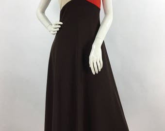1970s pantel montreal/polyester maxi/70s brown maxi dress/2 piece vintage