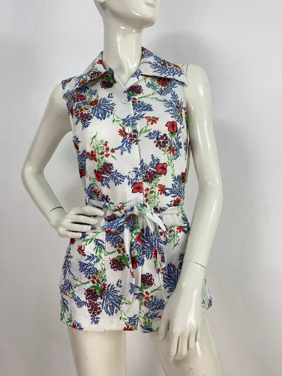 70s polyester shirt, 1970s floral polyester top