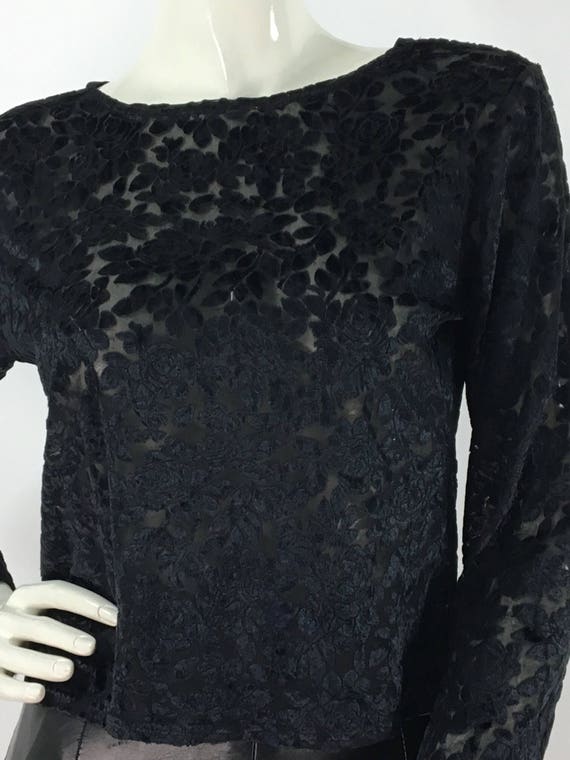 90s black blouse/1980s/1990s black sheer floral b… - image 8