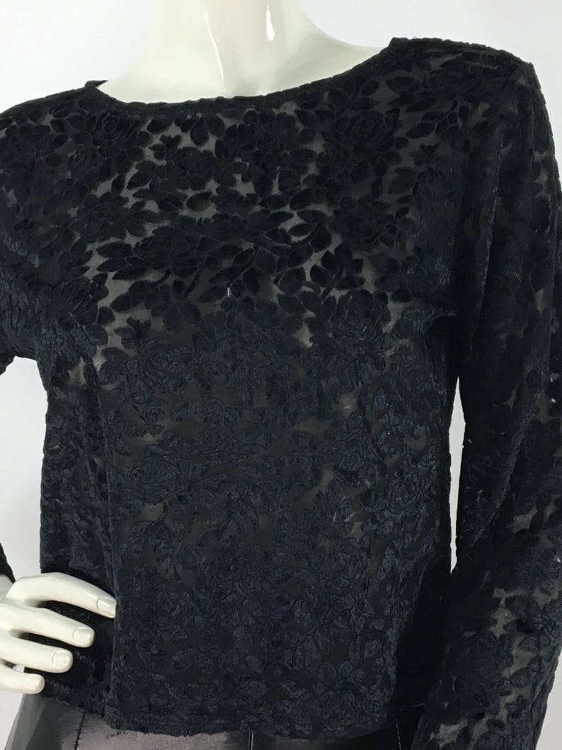 90s black blouse/1980s/1990s black sheer floral blouse/sheer floral top image 8