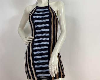 Crochet halter dress, lined knit crochet dress size small