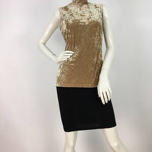 May include: A sleeveless mock neck top made of crushed velvet in a light brown color.