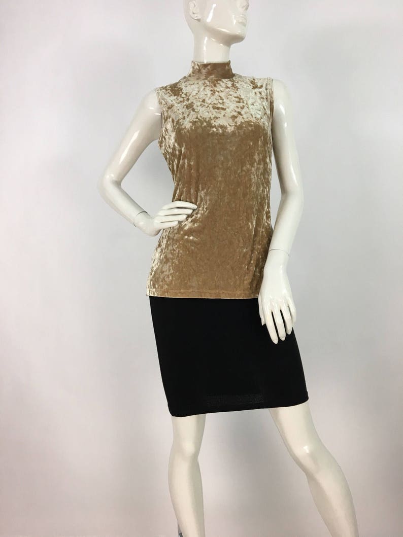 May include: A sleeveless mock neck top made of crushed velvet in a light brown color.
