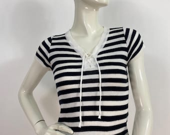 black and white striped top, vintage acrylic short sleeve top
