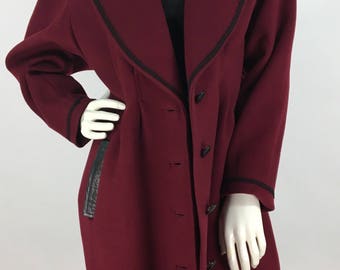 80s wool jacket, 1980s burgundy wool lined jacket, 80s wool jacket with leather detail