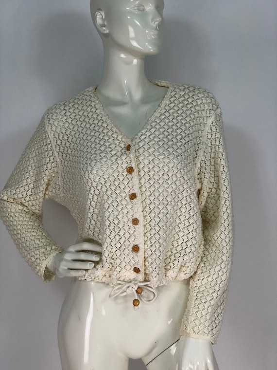 90s crocheted top/cotton crochet top/cream cotton… - image 2