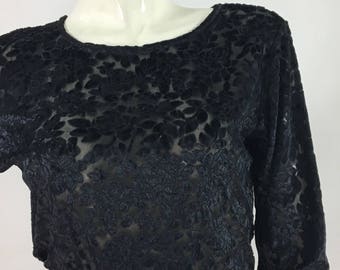 90s black floral sheer top/1990s polyester top/sheer top