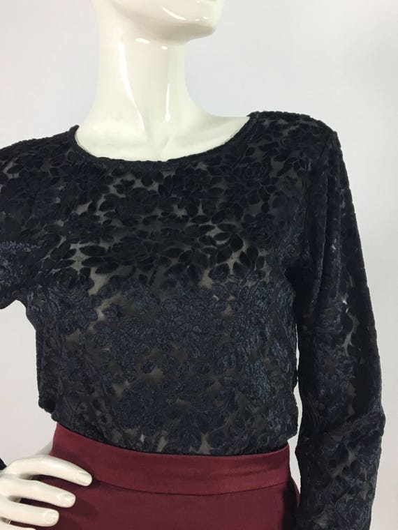 90s black floral sheer top/1990s polyester top/she