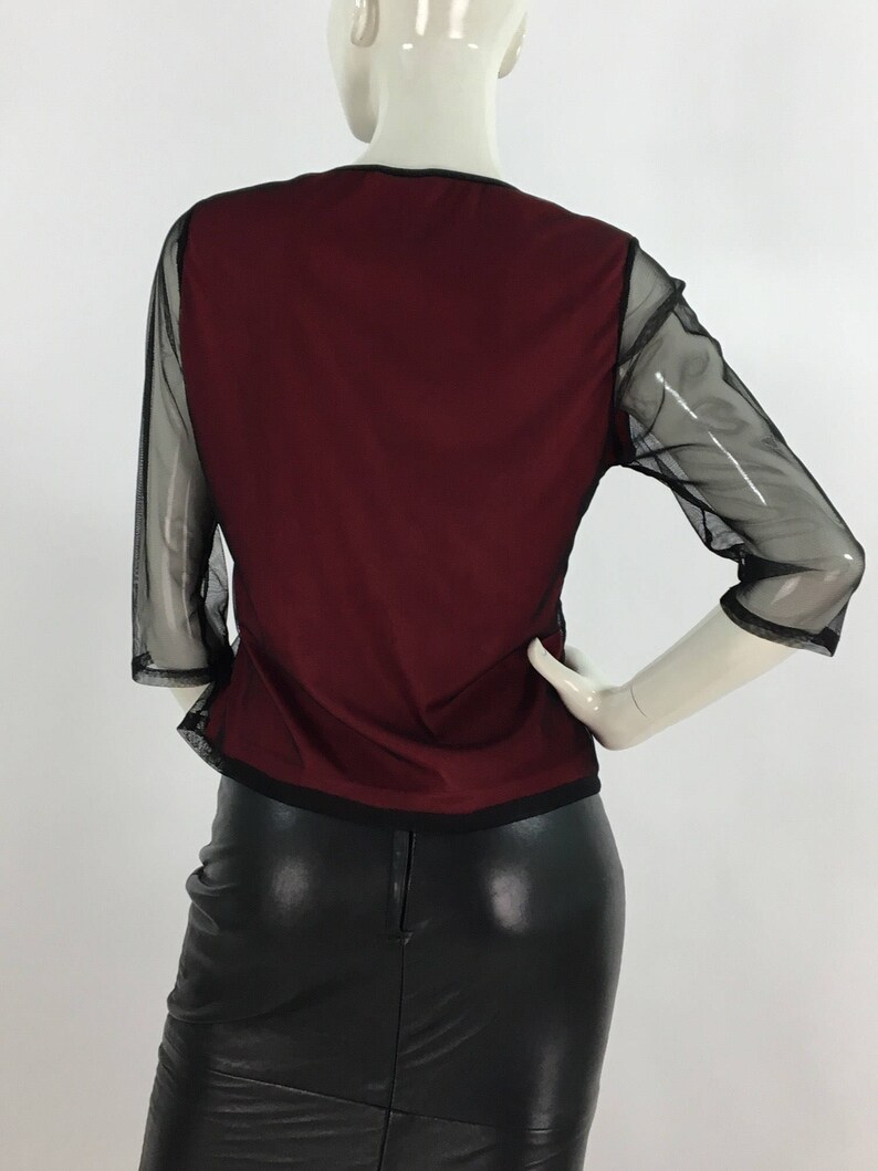 90s vintage sheer blouse/sheer mesh top/1990s black burgundy top image 3