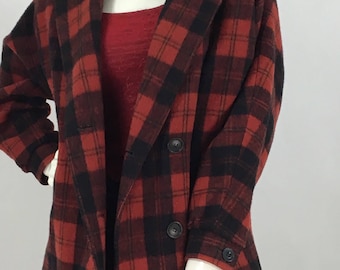 80s red and black tartan plaid jacket/1980s red black tartan wool jacket