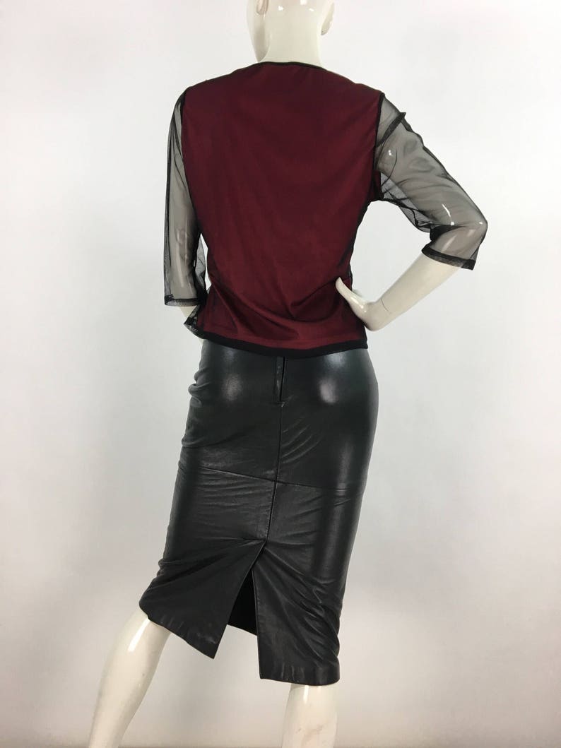 90s vintage sheer blouse/sheer mesh top/1990s black burgundy top image 2