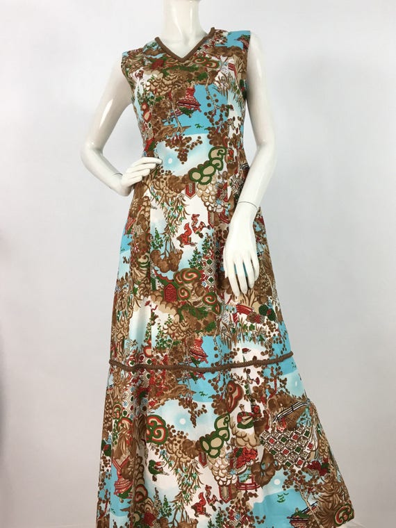 1960s chinoiserie maxi dress/vintage Art Deco max… - image 1