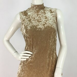May include: A sleeveless, mock neck top made of crushed velvet in a light beige color.