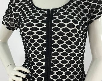 90s black and white top/vintage black white hook button front top/1990s black and white blouse