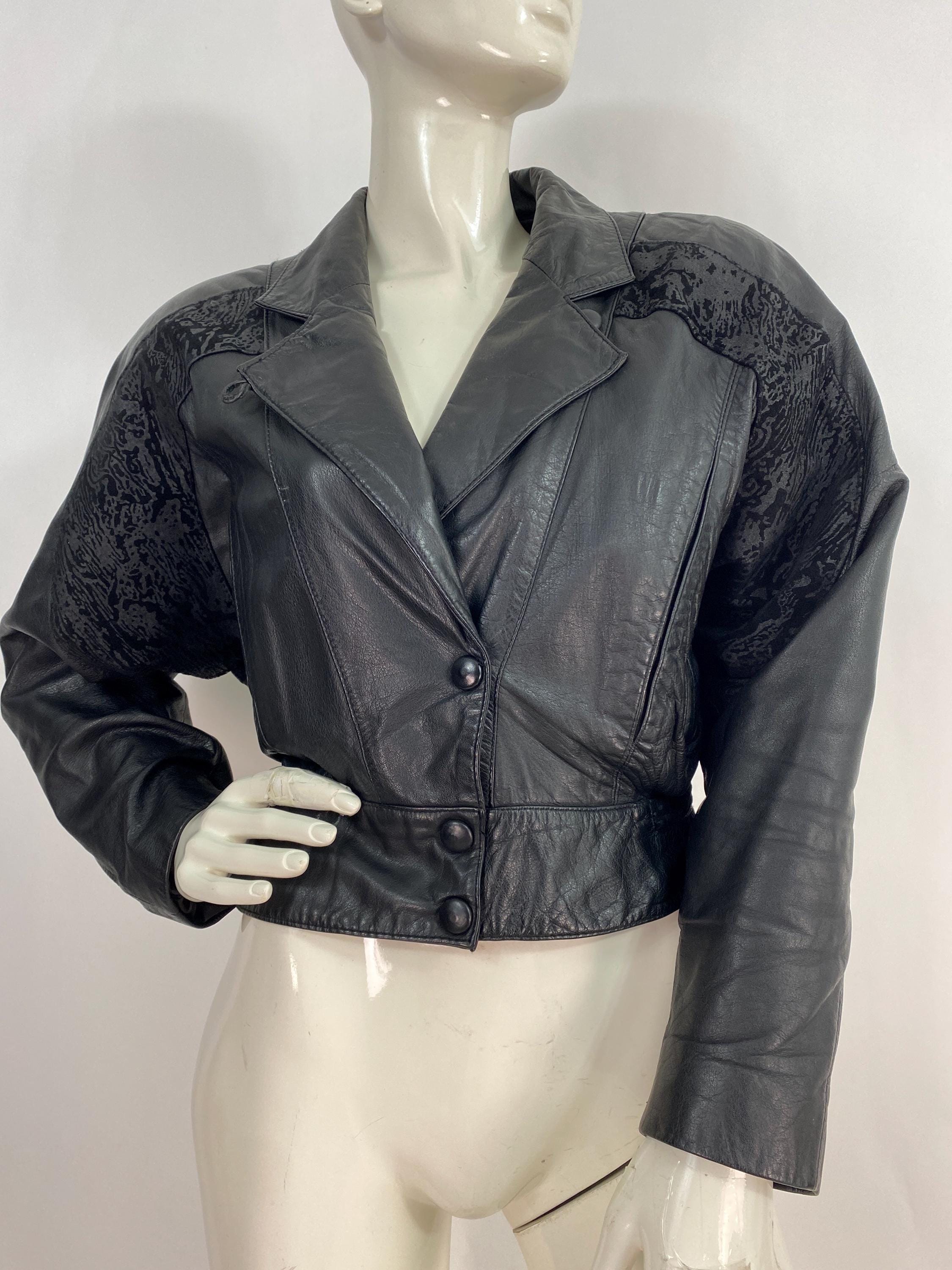 80s ADA leather jacket, 1980s black cropped leather jacket size medium