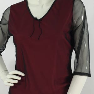 90s vintage sheer blouse/sheer mesh top/1990s black burgundy top image 1