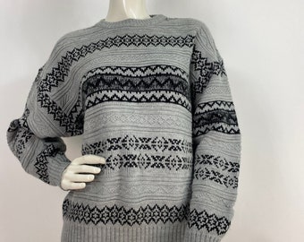 80s sweater, grey and black pullover knit, northwest territory sweater