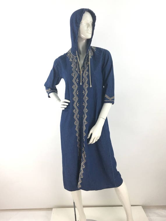 80s hooded jean dress with asian inspired design