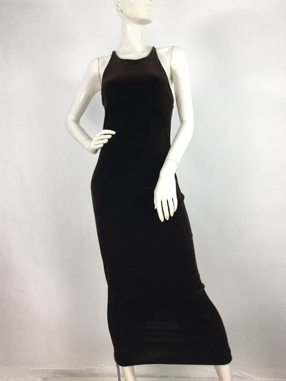 Prom dress/90s stretch velvet brown maxi dress/199