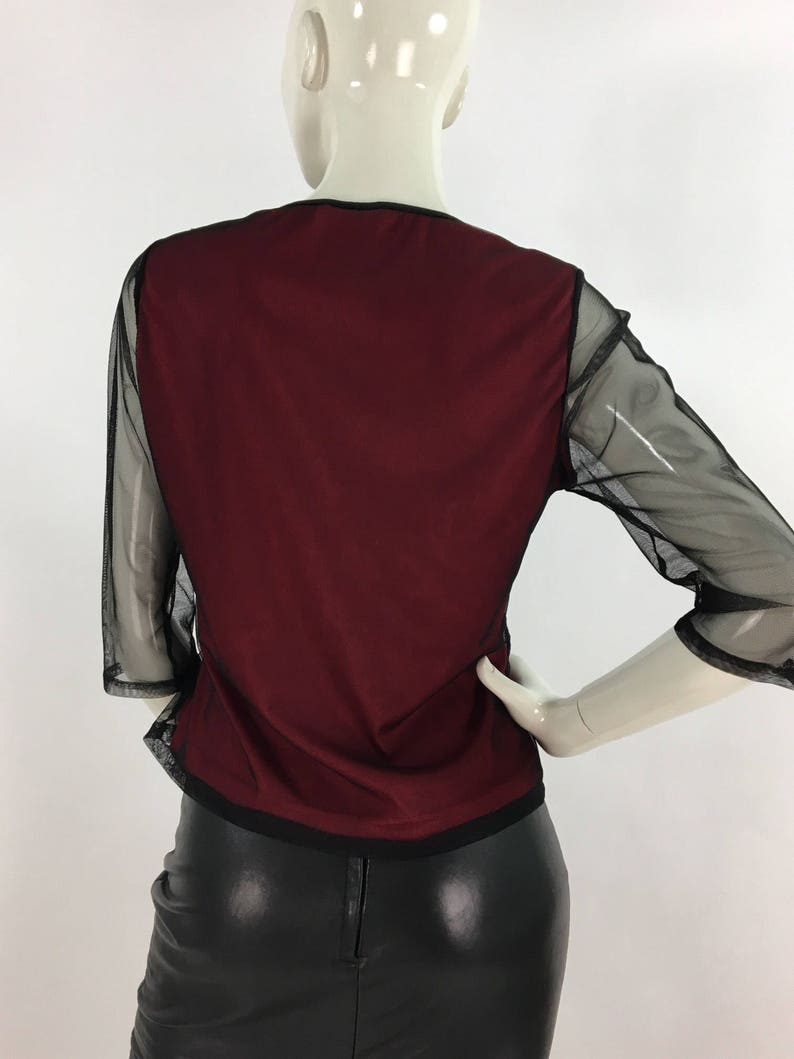 90s vintage sheer blouse/sheer mesh top/1990s black burgundy top image 4