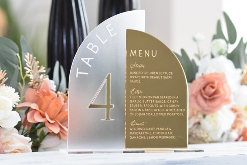 Duo Wedding Table Numbers and Menu / Frosted & Gold Mirror Table ...