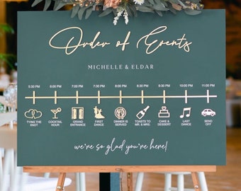 May include: A teal green wedding sign with gold lettering that reads "Order of Events" and lists the wedding day schedule with icons for each event. The sign is on a wooden easel with a floral arrangement on top.