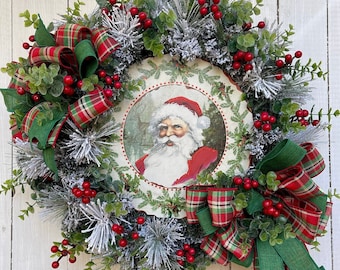 Vintage Santa Christmas Wreath, Flocked Evergreen, Holiday Decor