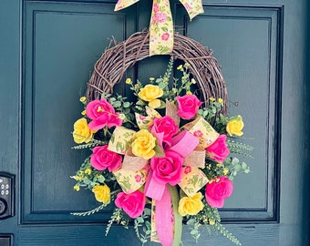 Summer wreath for front door, spring wreath, pink wreath, front door decor, farmhouse wreath, front door decor, welcome wreath