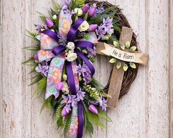 summer spring tulip wreath for front door, wooden cross wreath, Easter wreath, purple tulip floral grapevine wreath, everyday wreath