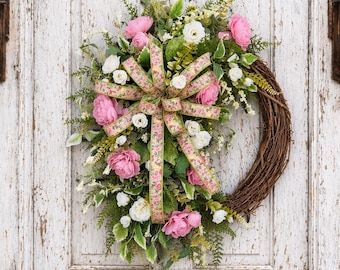 summer spring floral grapevine wreath for front door, everyday wreath, pink floral wreath, everyday wreath, front door decor, door wreath
