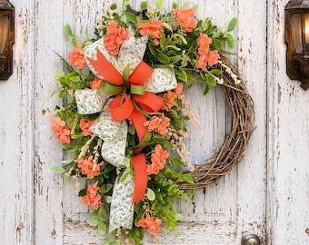 summer floral grapevine wreath for front door, peach coral floral wreath, everyday wreath, front door decor, welcome wreath