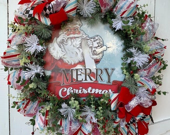 Vintage Santa Christmas Wreath, Flocked Evergreen, Holiday Door Decor
