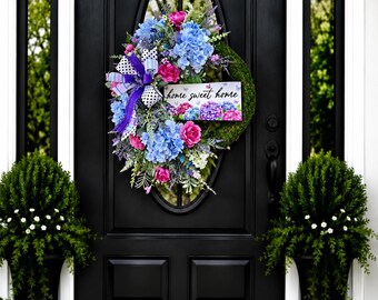 Summer blue hydrangea wreath for front door, everyday floral wreath, moss wreath, designer wreath, welcome wreath, welcome wreath