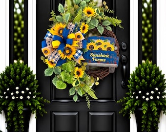 summer sunflower wreath for front door, sunflower decor, farmhouse sunflower wreath, fall wreath, everyday wreath, front door decor