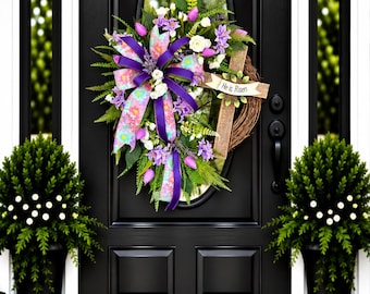 summer spring tulip wreath for front door, wooden cross wreath, Easter wreath, purple tulip floral grapevine wreath, everyday wreath