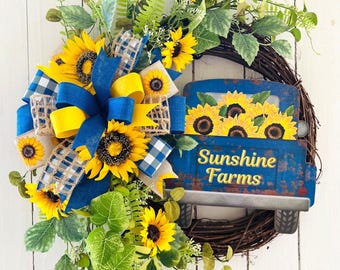 summer sunflower wreath for front door, sunflower decor, farmhouse sunflower wreath, fall wreath, everyday wreath, front door decor