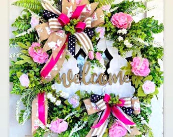 spring summer bunny Wreath for front door, Easter wreath, pink floral wreath, everyday wreath, front door decor