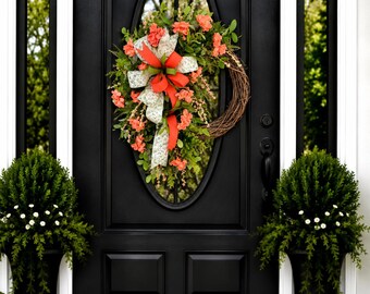 summer floral grapevine wreath for front door, peach coral floral wreath, everyday wreath, front door decor, welcome wreath