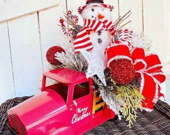 Christmas centerpiece, Christmas red truck centerpiece, Christmas table decor, red truck decor, Christmas wreath