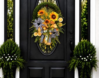 summer lemon wreath for front door, sunflower lemon wreath, lemon decor, front door decor, everyday wreath, welcome wreath